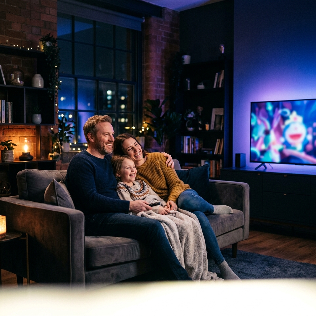 Family watching QwevoTV IPTV on TV