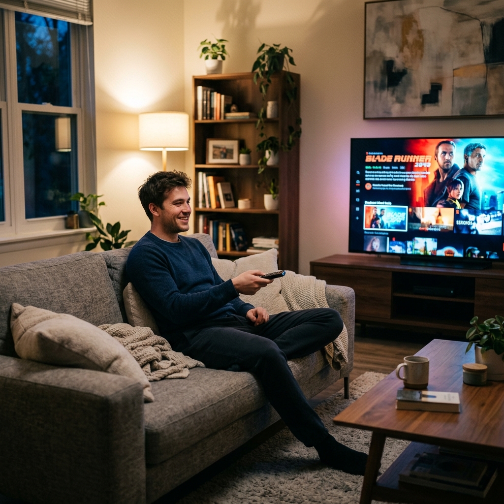 Man choosing QwevoTV plan on TV